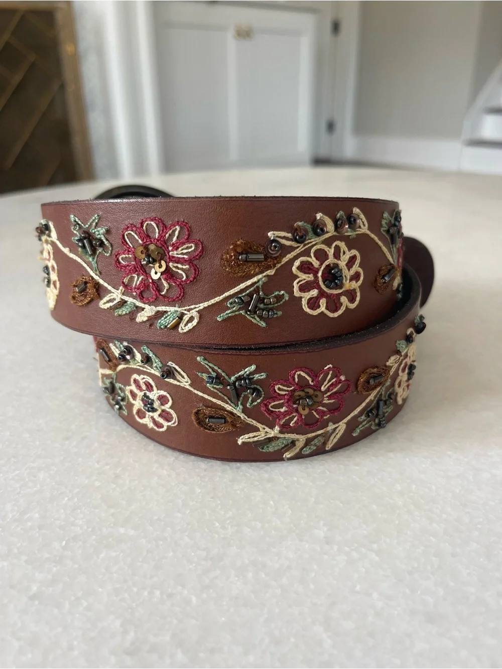 Brown Leather Belt Floral Embroidery Beading Boho Festival